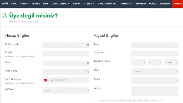 Tipobet yeni üyelik